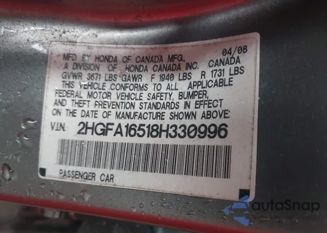 2008 Honda Civic Lx z USA, uszkodzony, nr VIN 2HGFA16518H330996